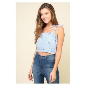 Blue Striped Floral Embroidered Ruffle Crop Top